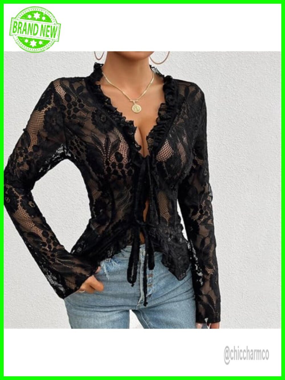 Y2K Sexy Open Front Tie Long Sleeve Ruffle Trim See Through Mesh Crop Top - Picture 3 of 6